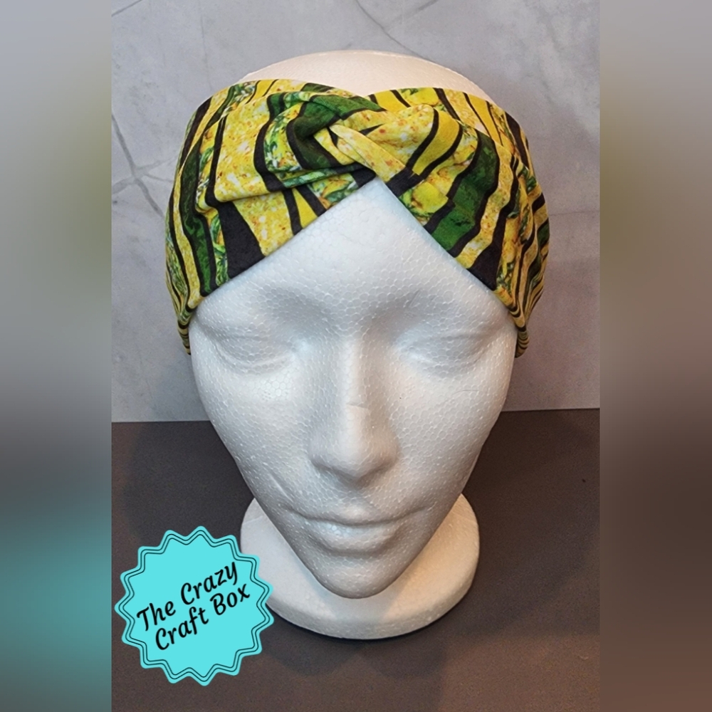Lemon Print Twisted Knot Headband Yellow Green Black Wide - Picture 1 of 2